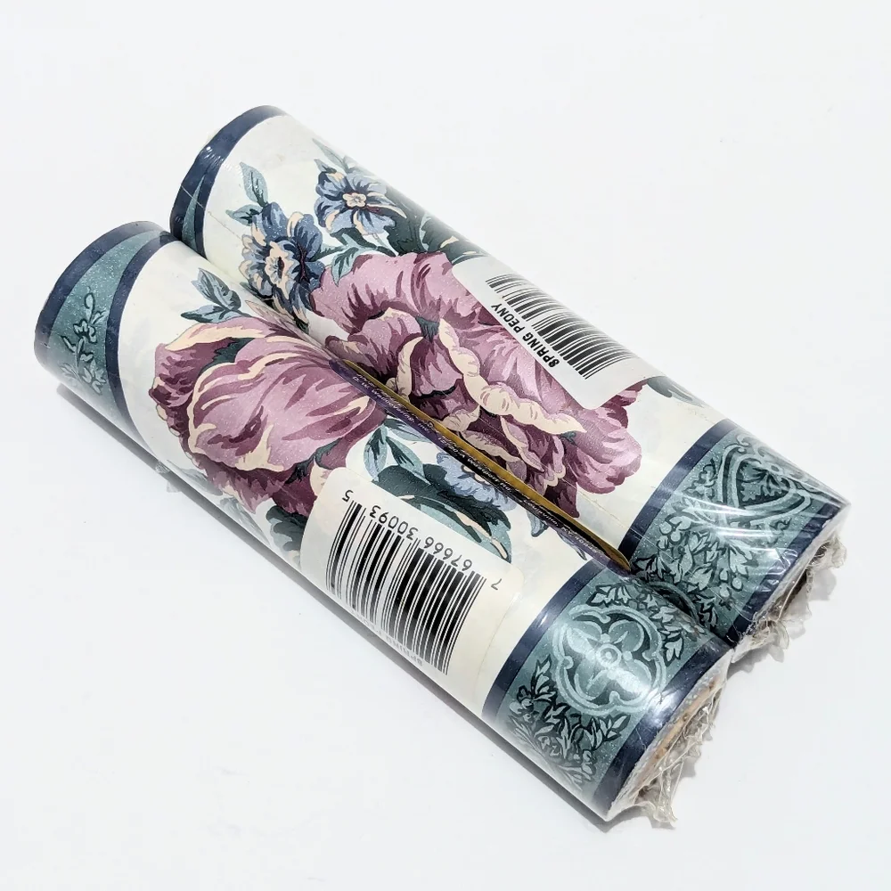 Vintage 90s Pressto Hang & Go Floral Wallpaper Border Pink and Teal Spring Peony